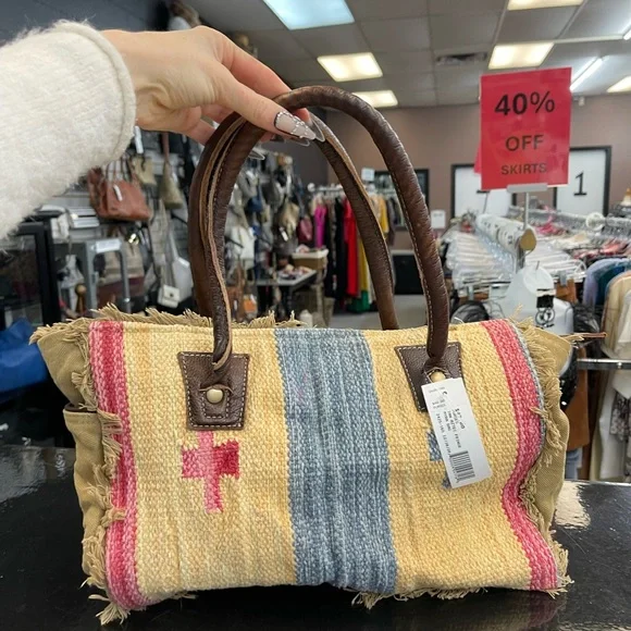 Myra Bag Tan and Blue Satchel - Picture 1 of 7